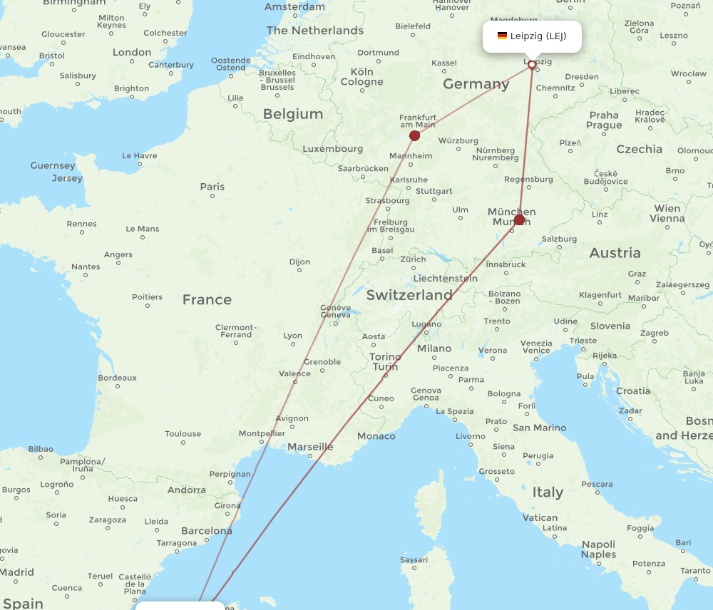 IBZ to LEJ flights and routes map