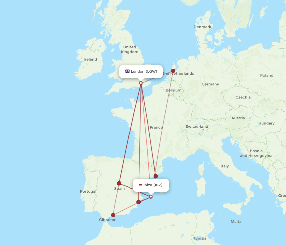 IBZ to LGW flights and routes map