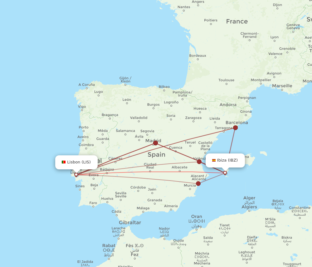 IBZ to LIS flights and routes map