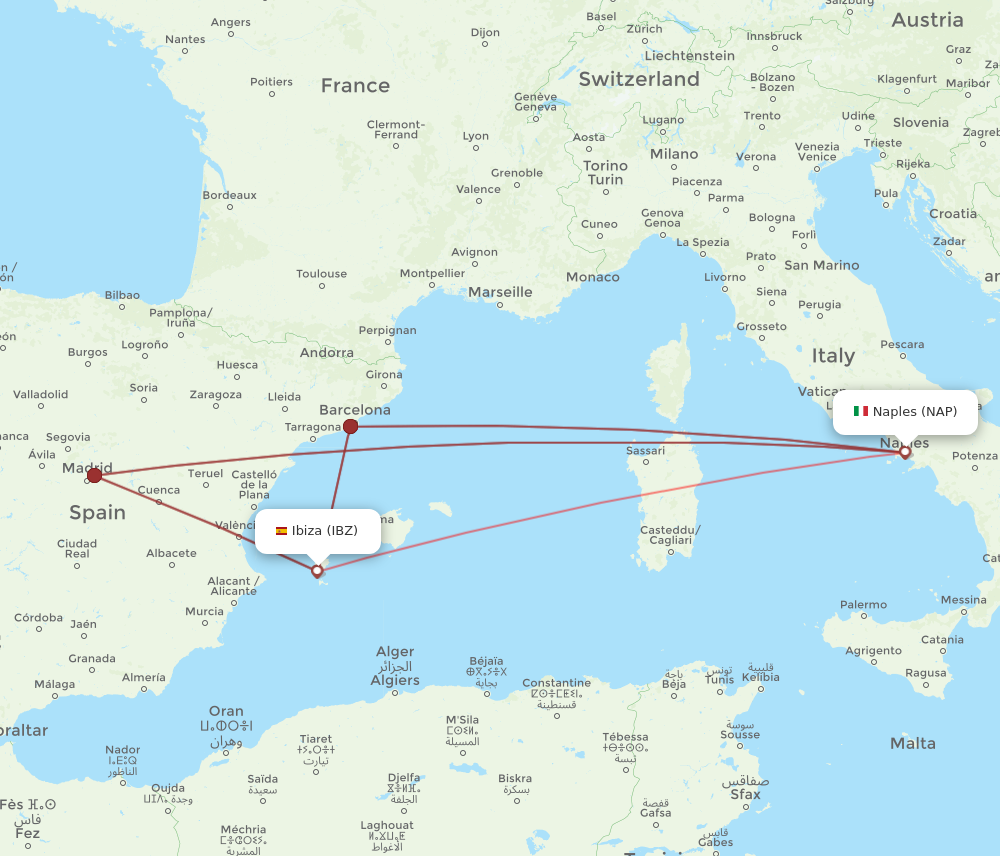 IBZ to NAP flights and routes map
