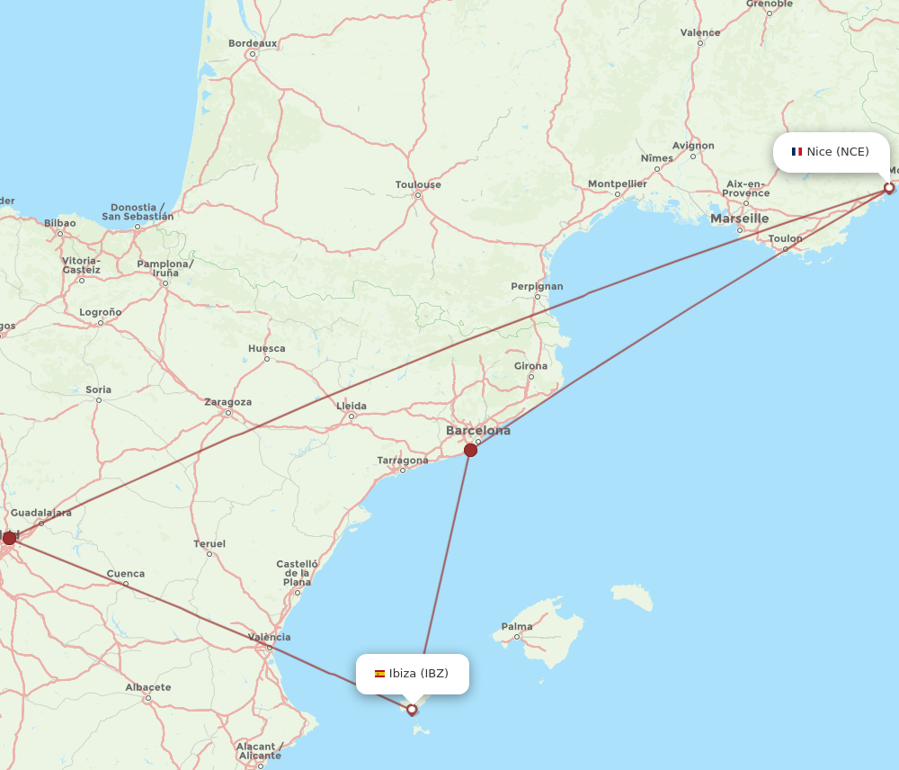 IBZ to NCE flights and routes map