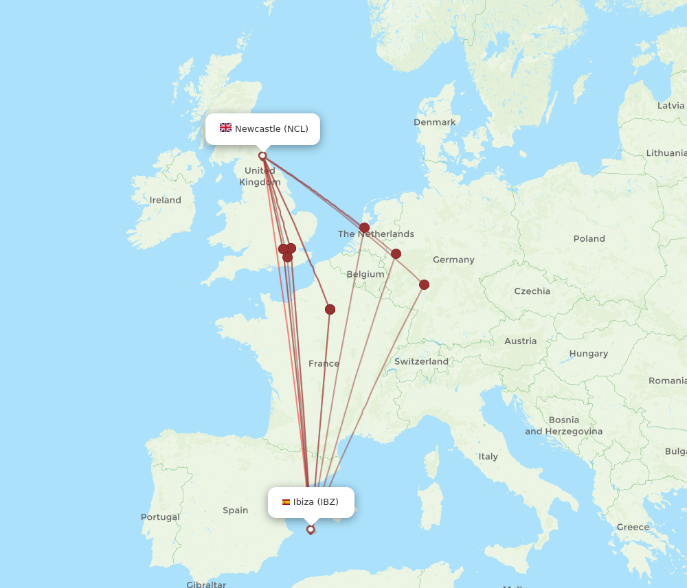 IBZ to NCL flights and routes map