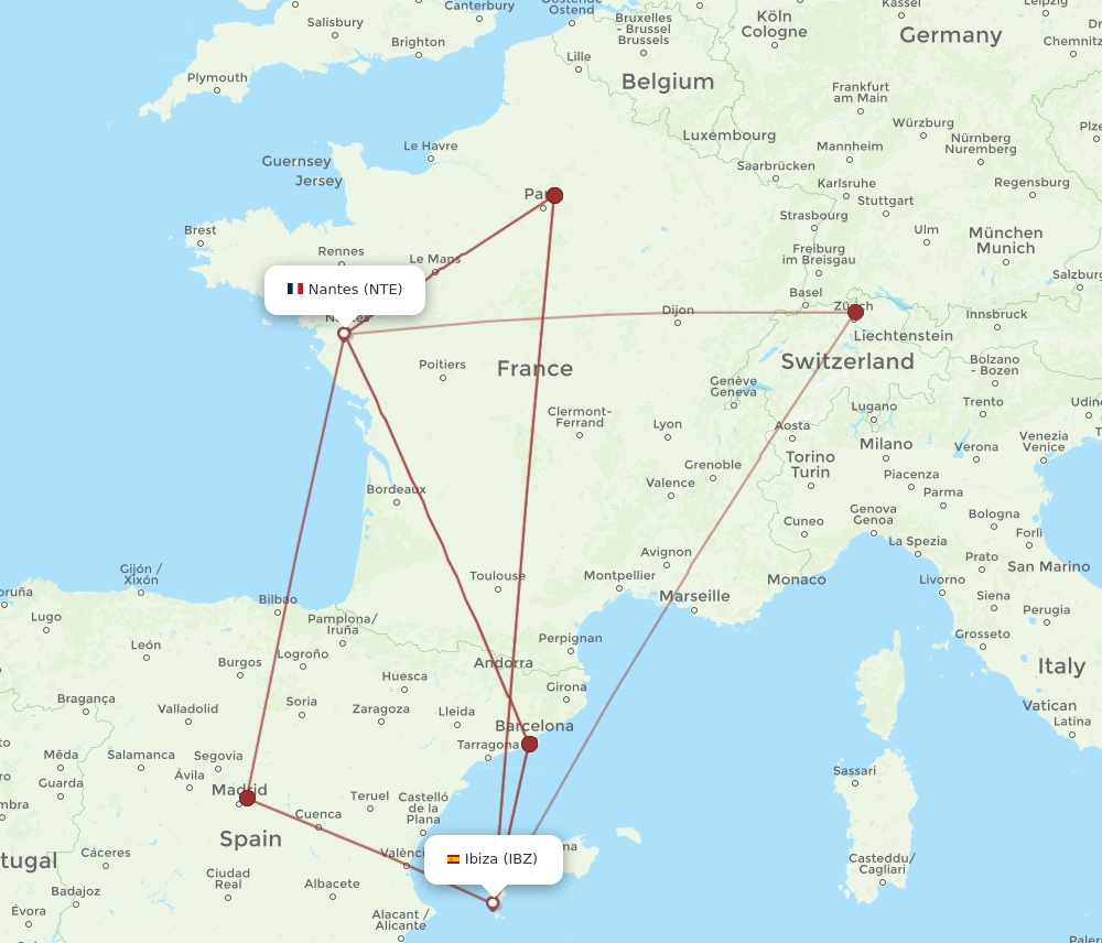 IBZ to NTE flights and routes map