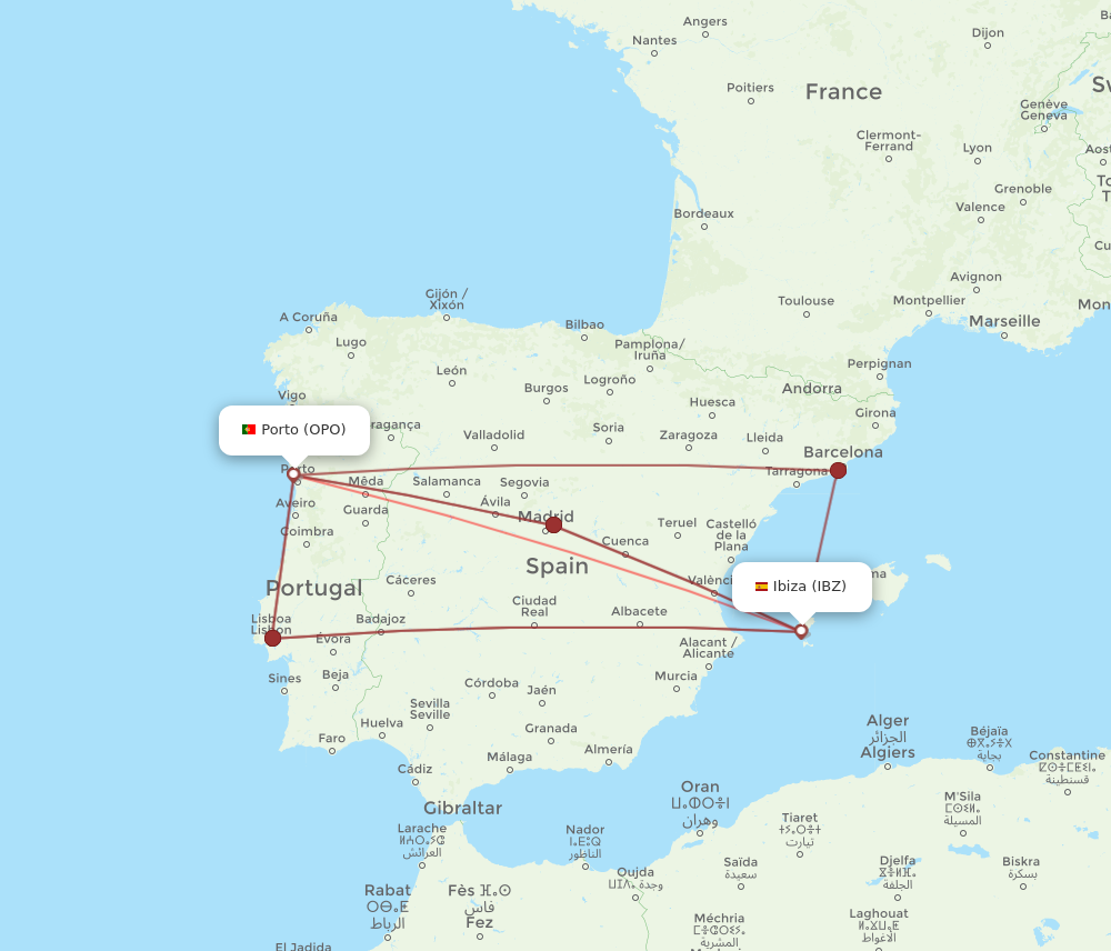 IBZ to OPO flights and routes map