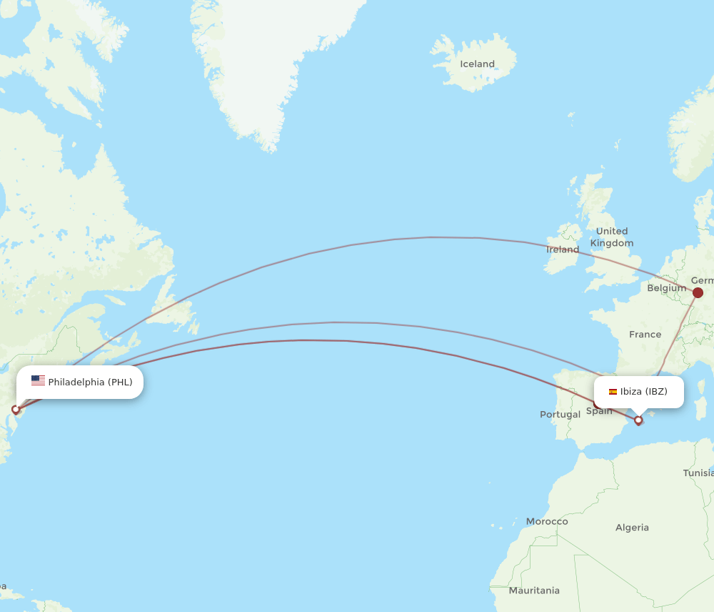 IBZ to PHL flights and routes map