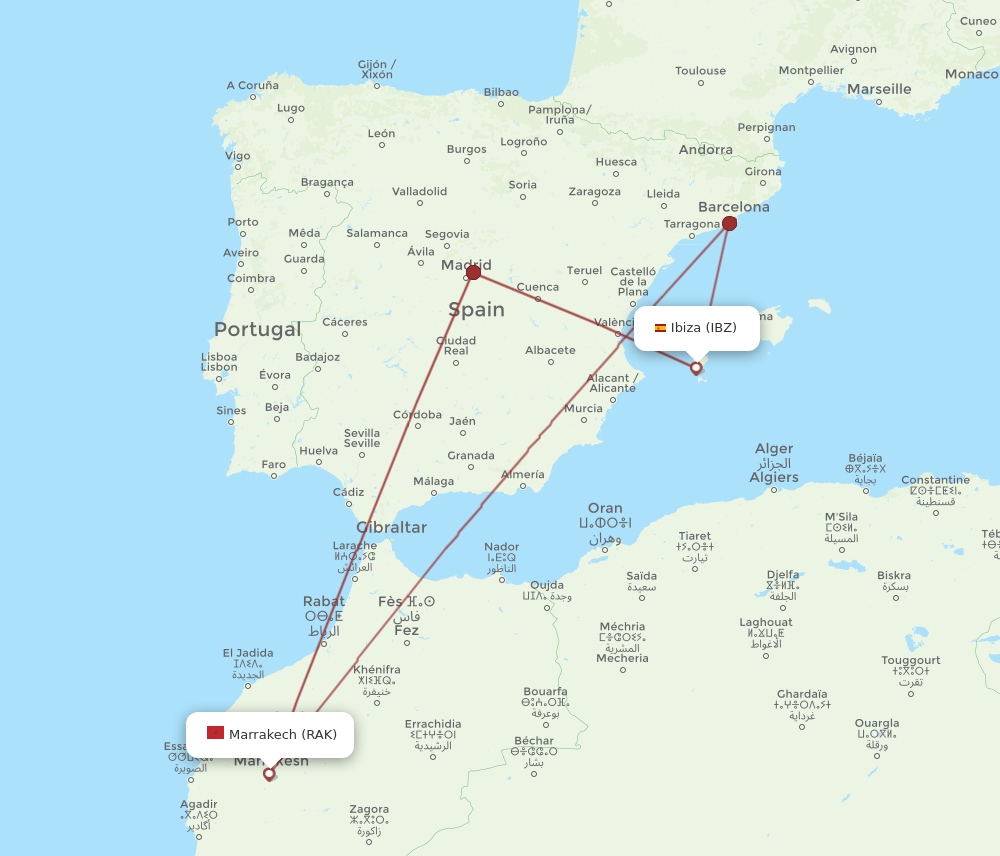 IBZ to RAK flights and routes map
