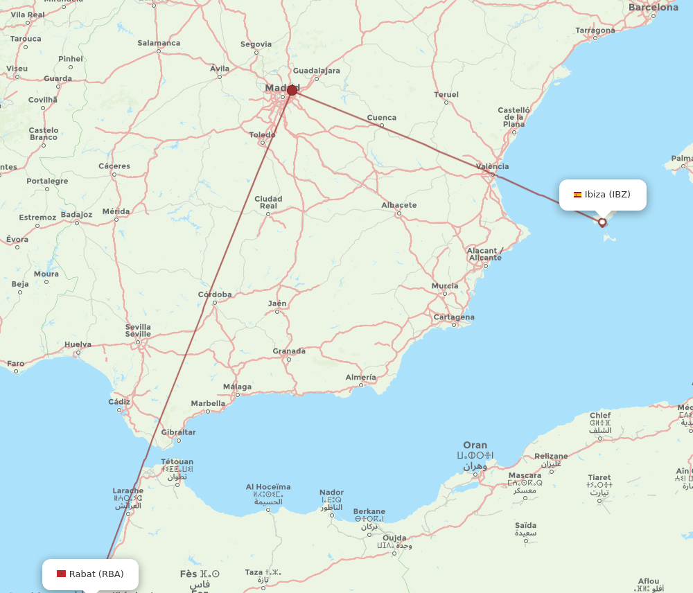 Ibiza - Rabat route map and flight paths