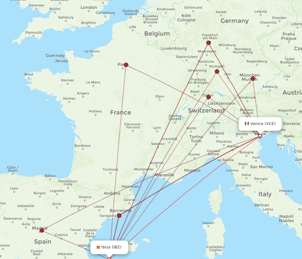 IBZ to VCE flights and routes map
