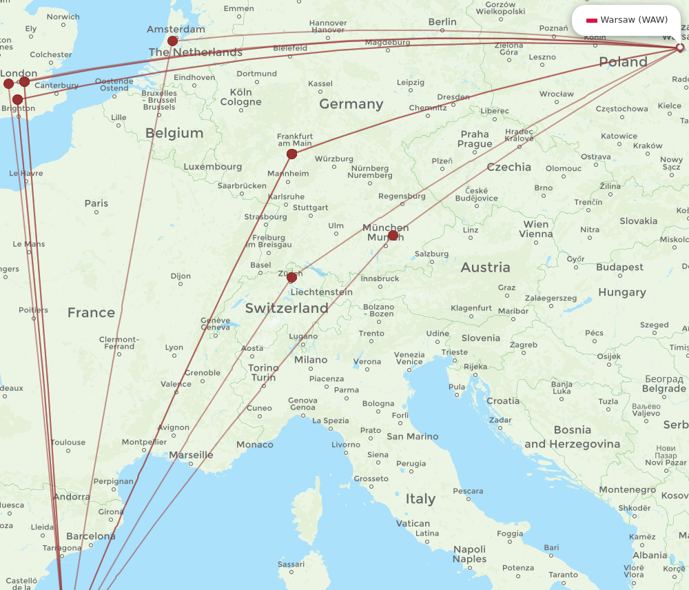 IBZ to WAW flights and routes map