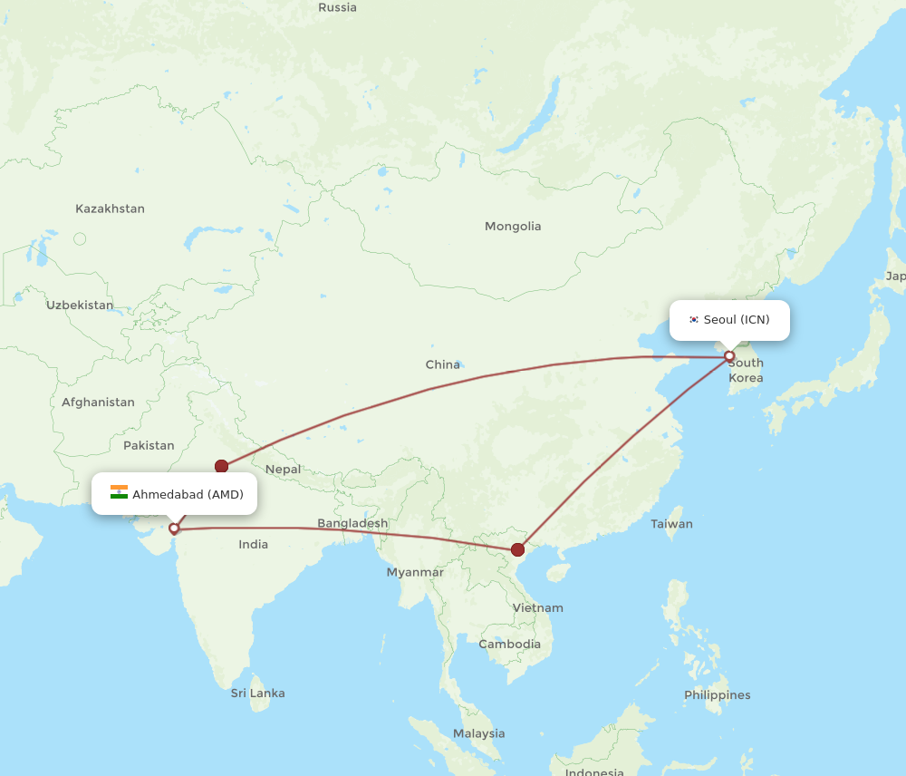ICN to AMD flights and routes map