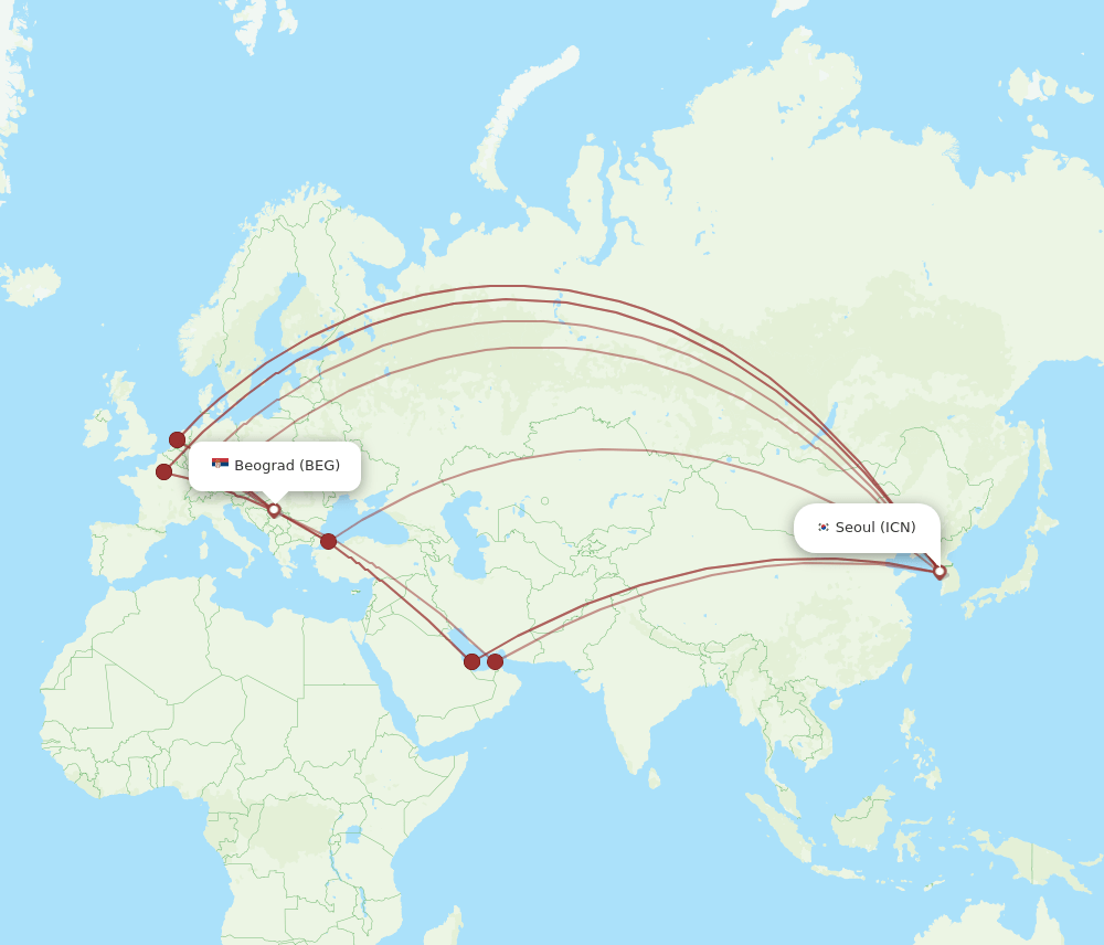 ICN to BEG flights and routes map