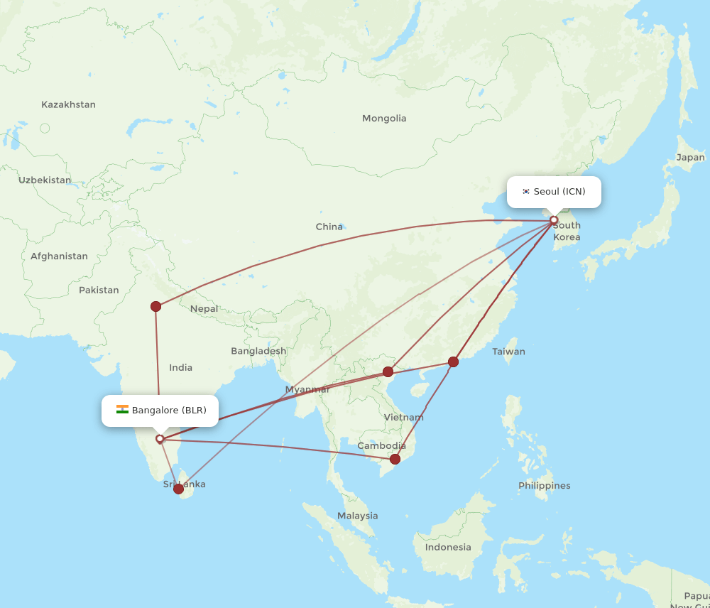 ICN to BLR flights and routes map