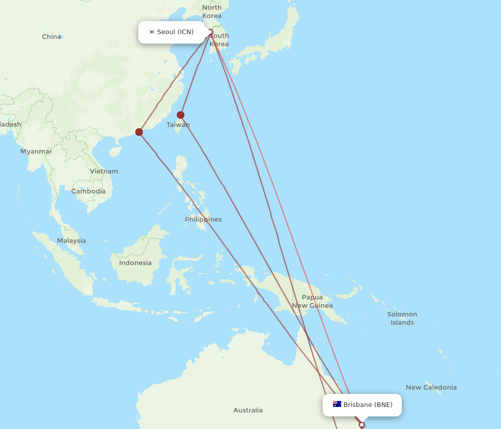 ICN to BNE flights and routes map