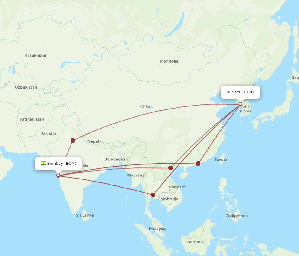 ICN to BOM flights and routes map