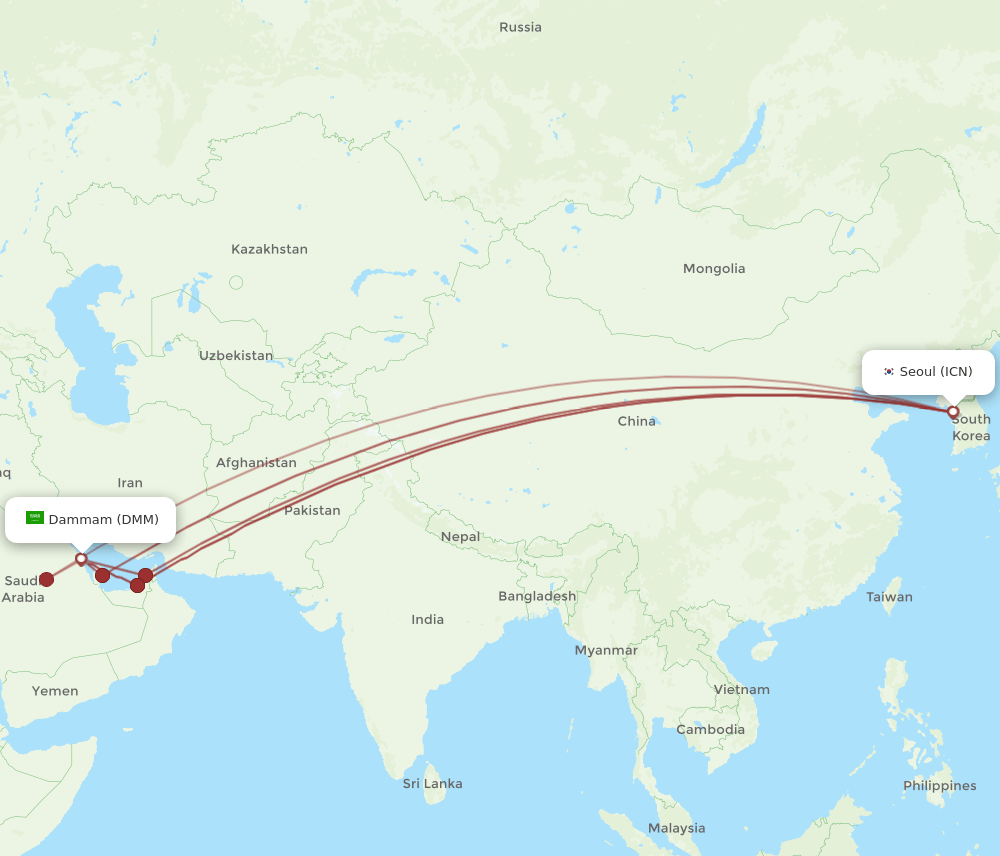 ICN to DMM flights and routes map