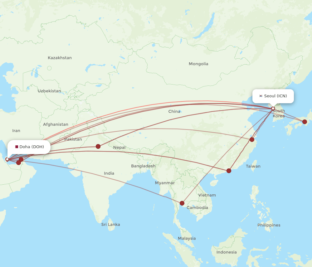 ICN to DOH flights and routes map