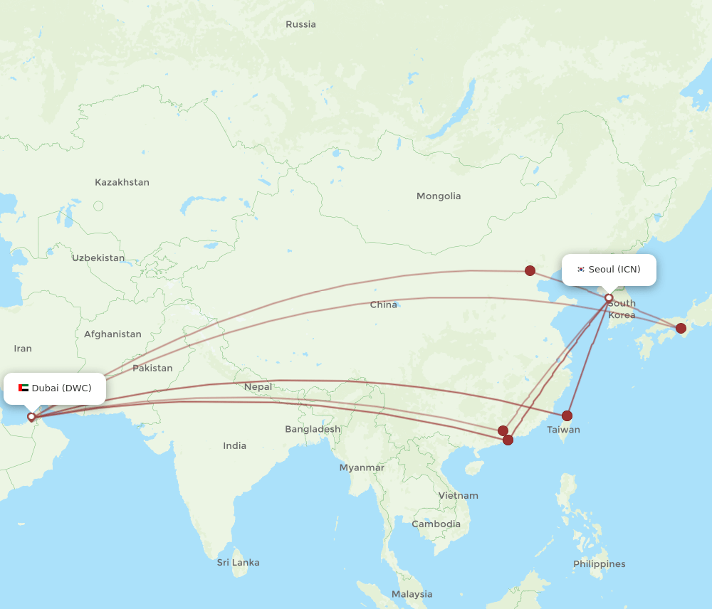 Seoul - Dubai route map and flight paths