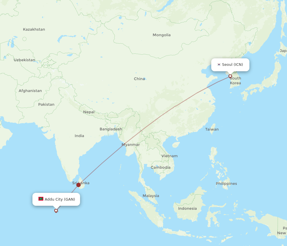 Gan Island - Seoul route map and flight paths