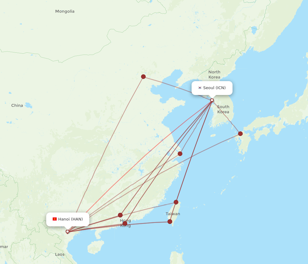 ICN to HAN flights and routes map
