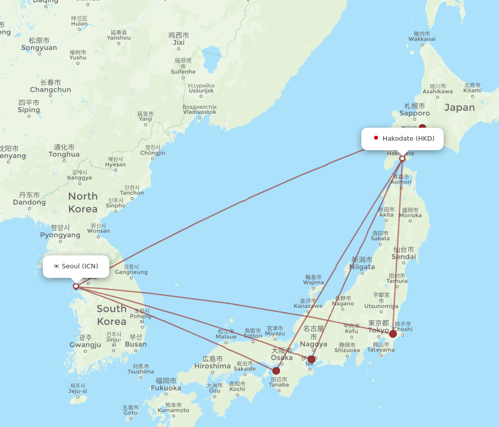 ICN to HKD flights and routes map