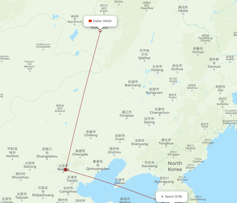 ICN-HLD flight routes