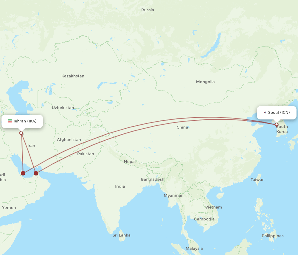 ICN to IKA flights and routes map