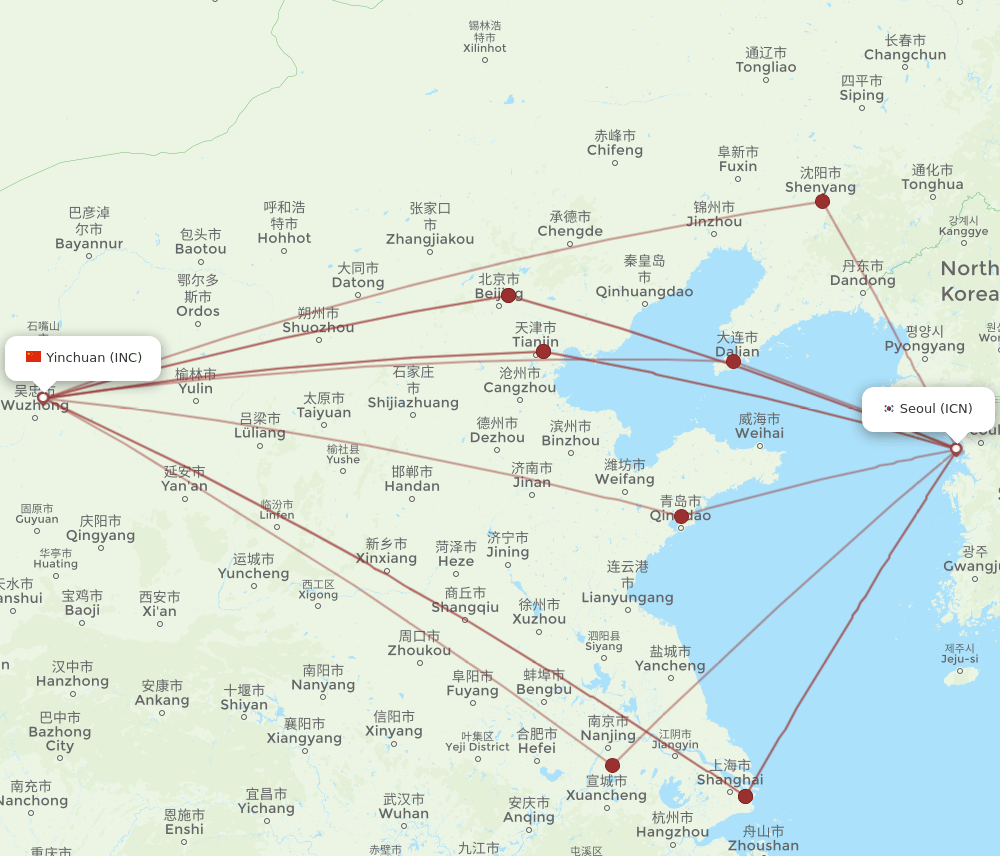 ICN-INC flight routes