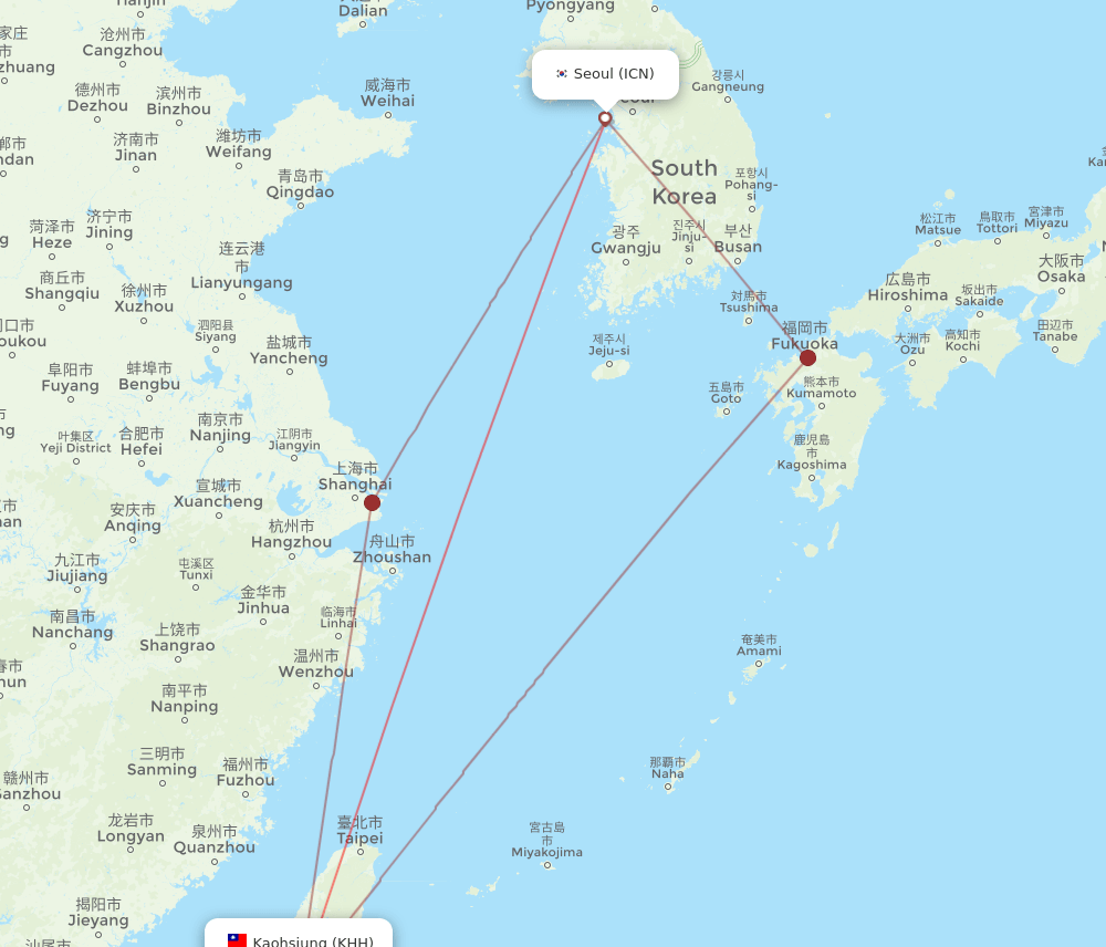 ICN to KHH flights and routes map