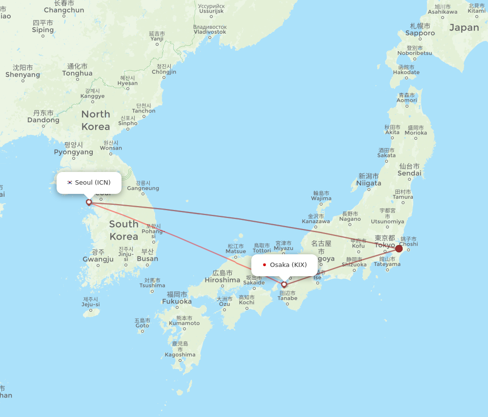 ICN to KIX flights and routes map