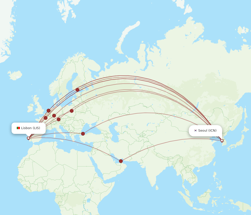 ICN to LIS flights and routes map