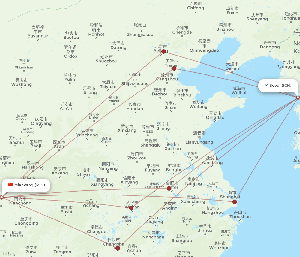 ICN-MIG flight routes