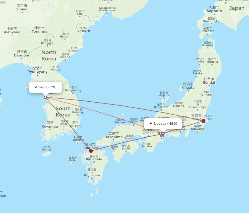 ICN to NGO flights and routes map
