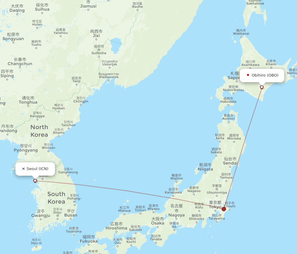 ICN-OBO flight routes