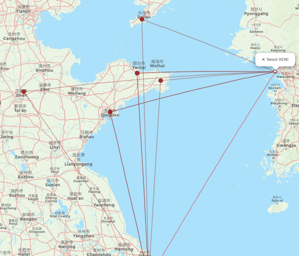 ICN to PVG flights and routes map