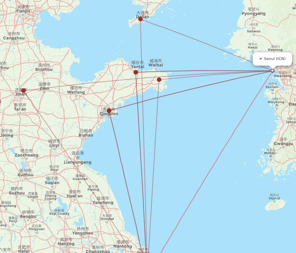 ICN to PVG flights and routes map