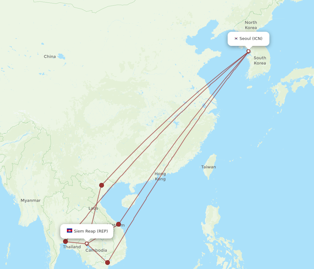 Seoul - Siem Reap route map and flight paths