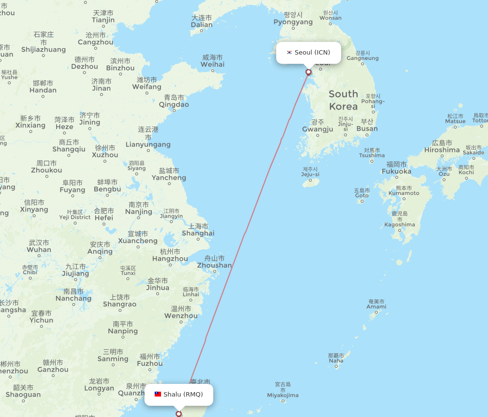 Seoul - Shalu route map and flight paths