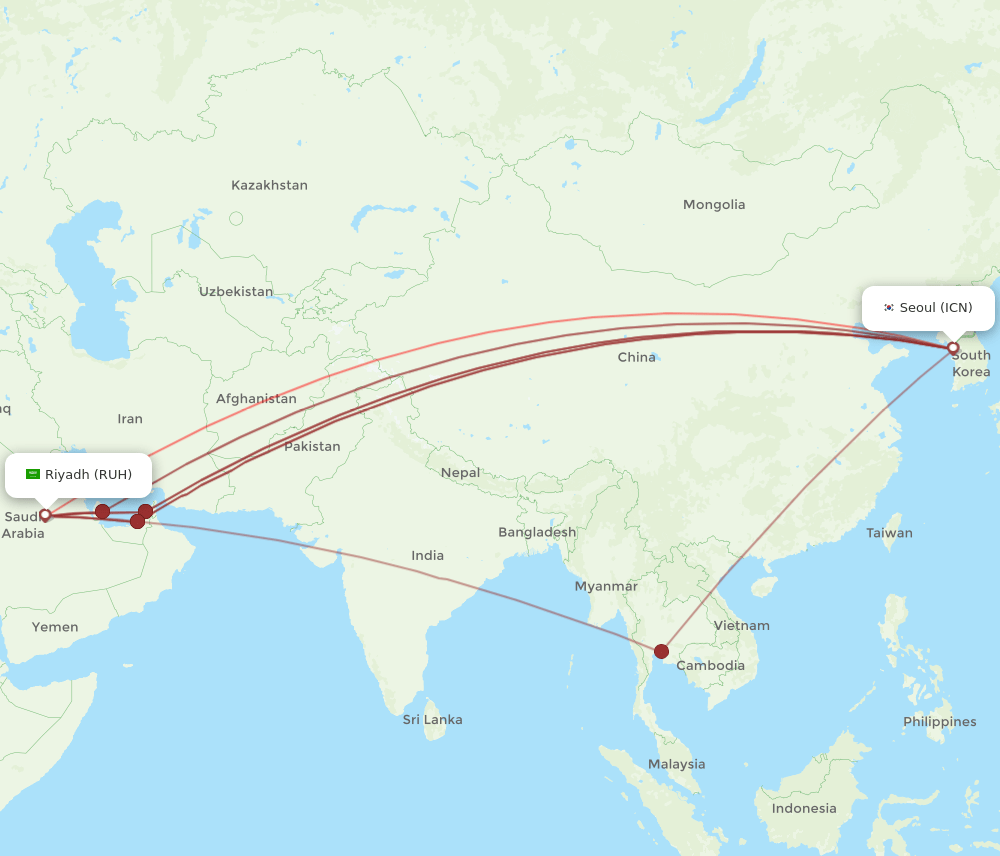 ICN to RUH flights and routes map