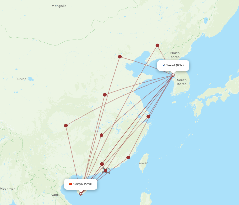 ICN to SYX flights and routes map