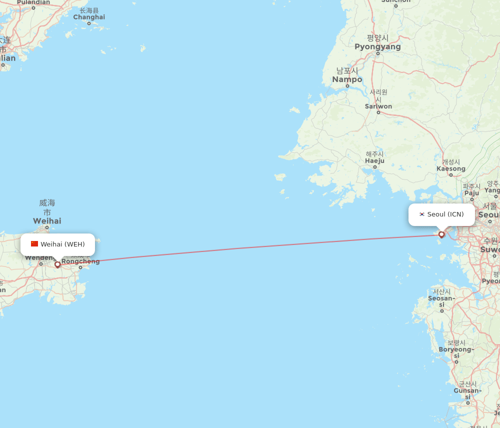 Seoul - Weihai route map and flight paths