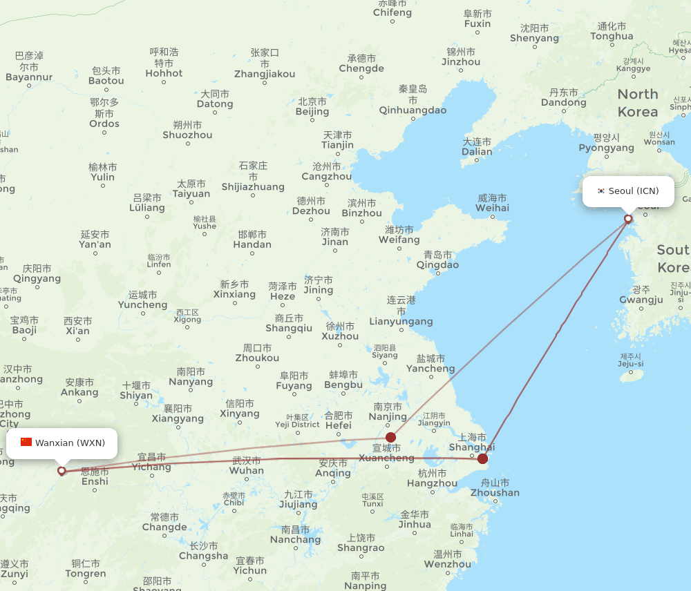 ICN to WXN flights and routes map