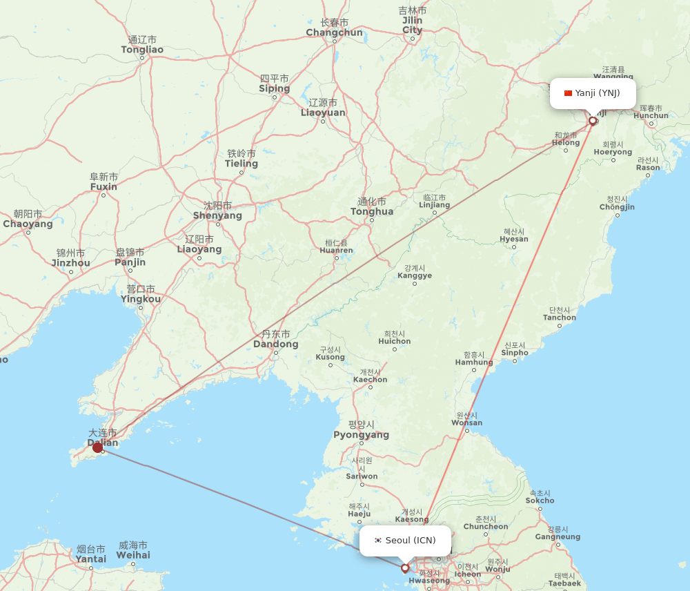 ICN to YNJ flights and routes map