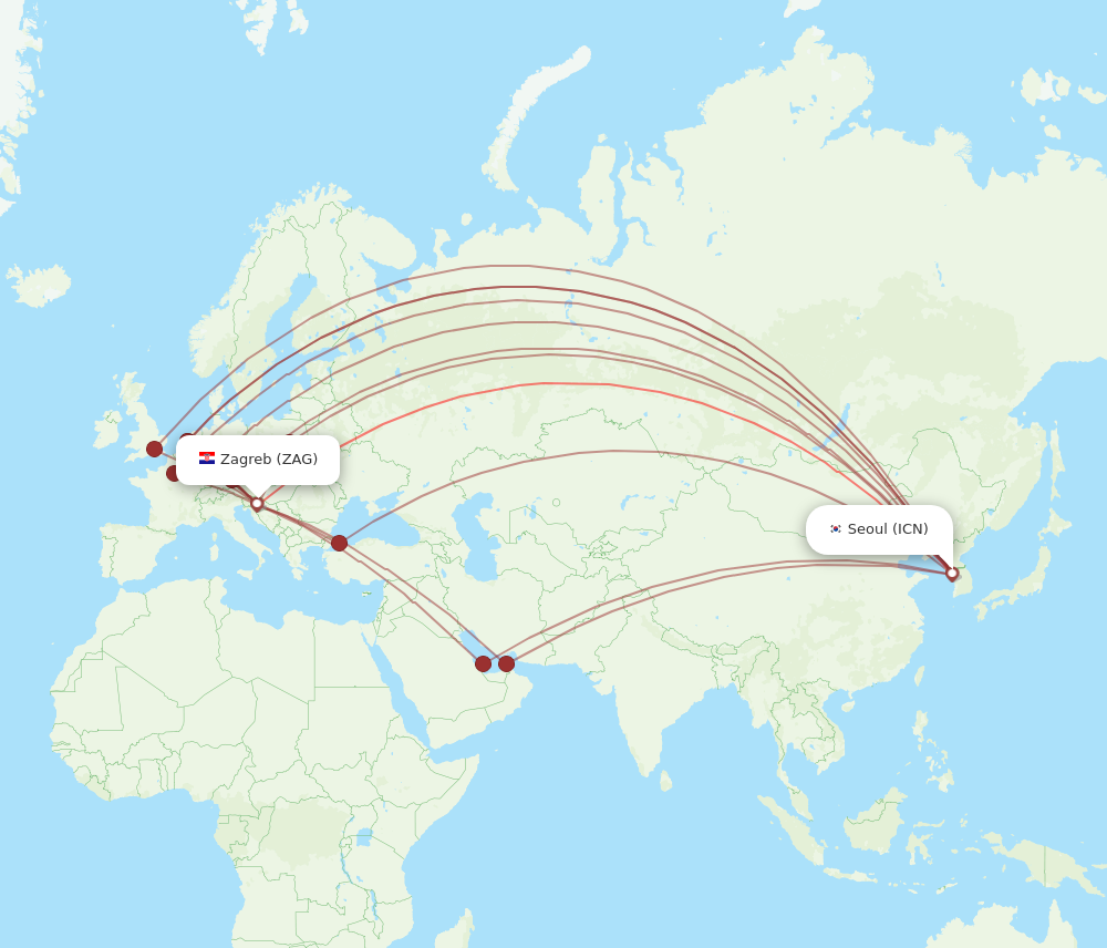ICN to ZAG flights and routes map