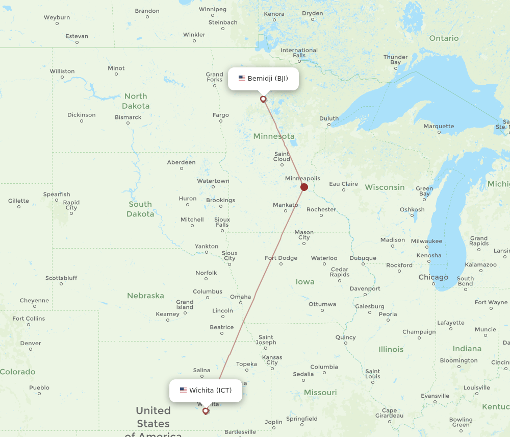 Bemidji - Wichita route map and flight paths