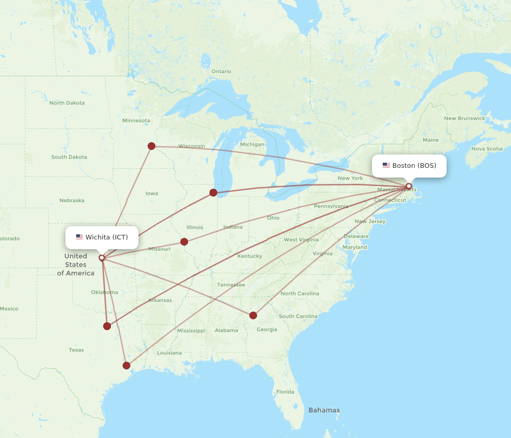 ICT to BOS flights and routes map