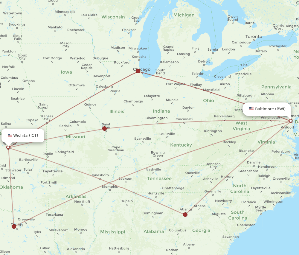 ICT-BWI flight routes