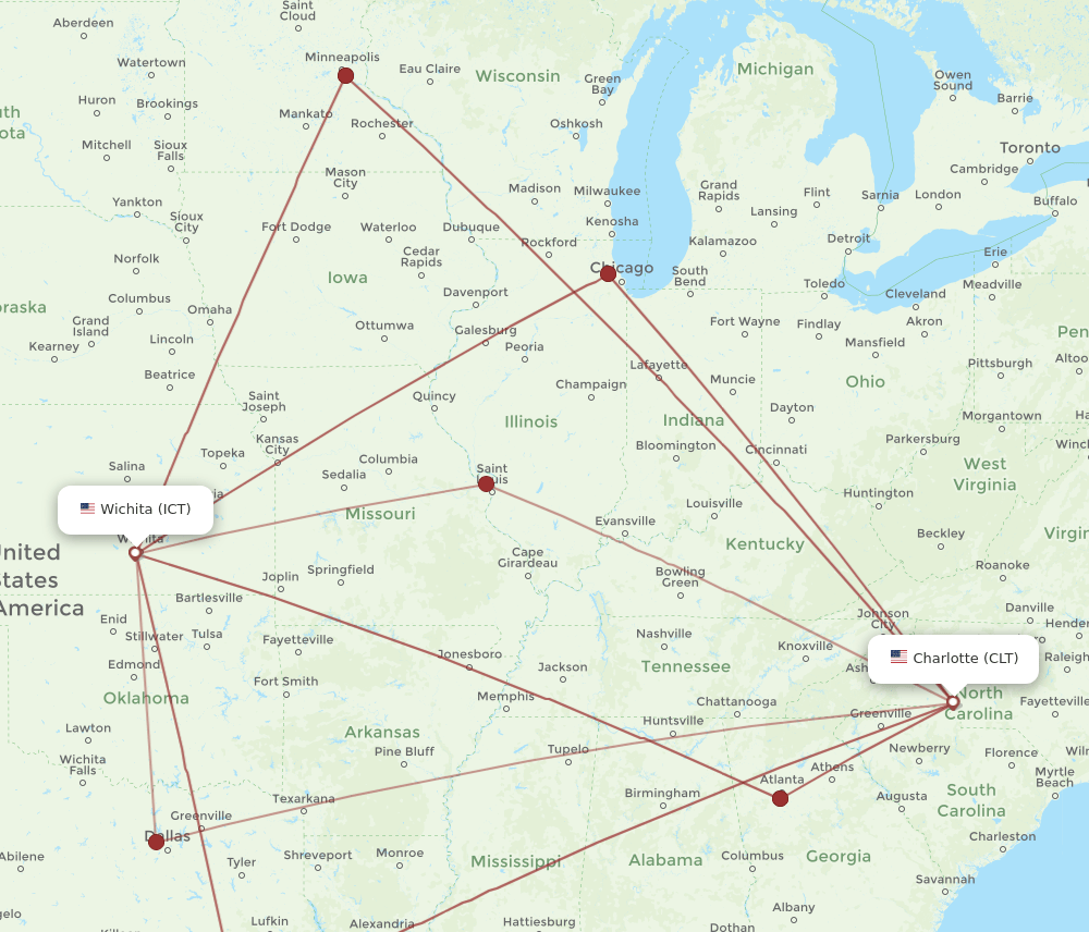 ICT-CLT flight routes