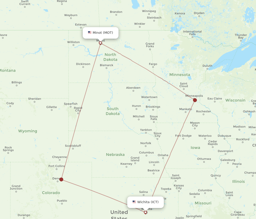 ICT to MOT flights and routes map