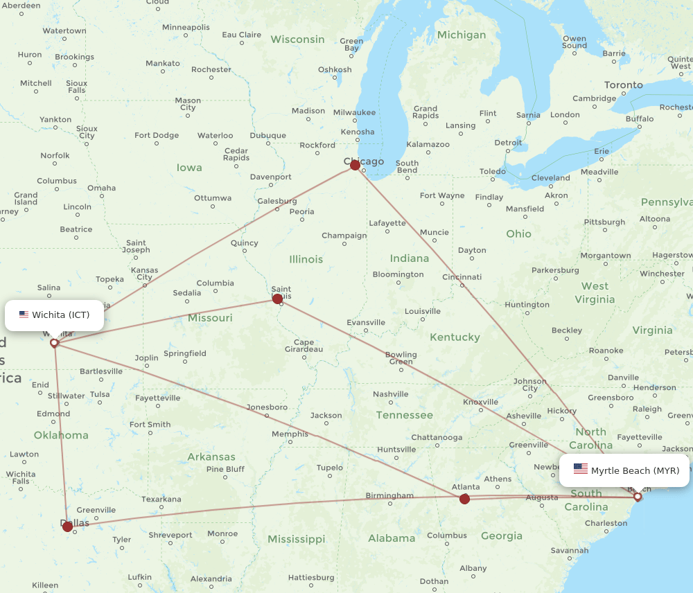 ICT to MYR flights and routes map