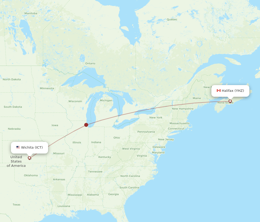 Halifax - Wichita route map and flight paths